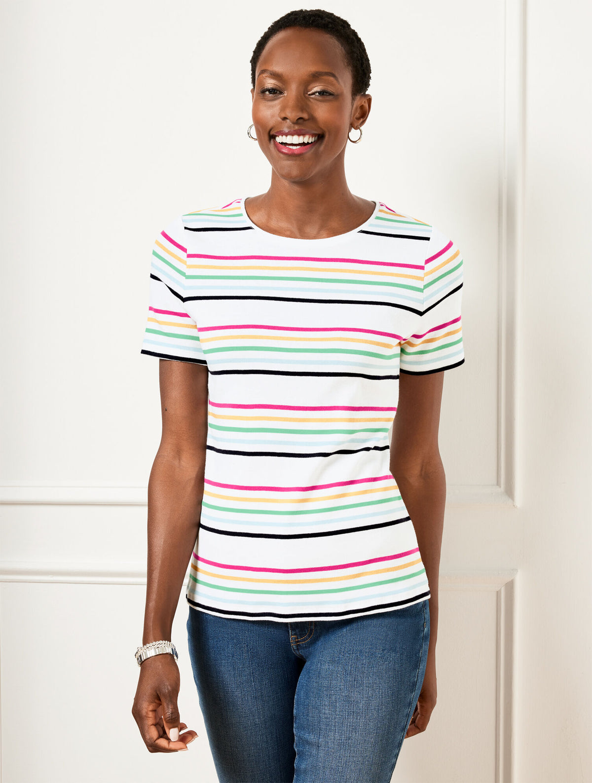 WHITE/PINK MULTI CREWNECK TEE - MAGNOLIA STRIPE | Talbots US