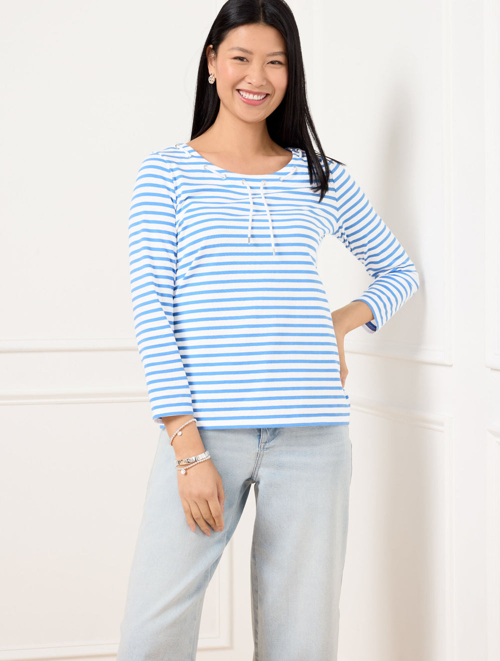 WHITE/LAKESIDE BLUE LACE UP SCOOP NECK TEE | Talbots US