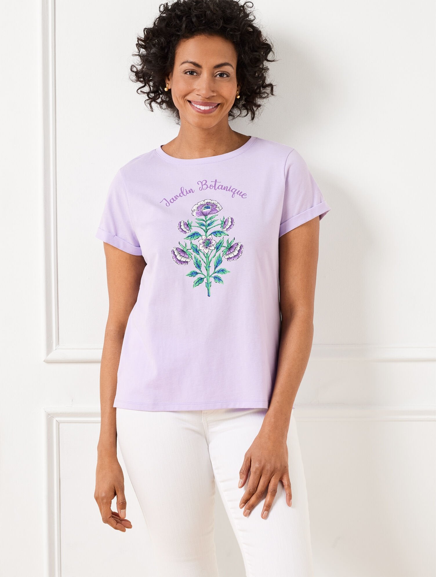 THISTLE ROLL SLEEVE CREWNECK TEE - BOTANICAL | Talbots discount