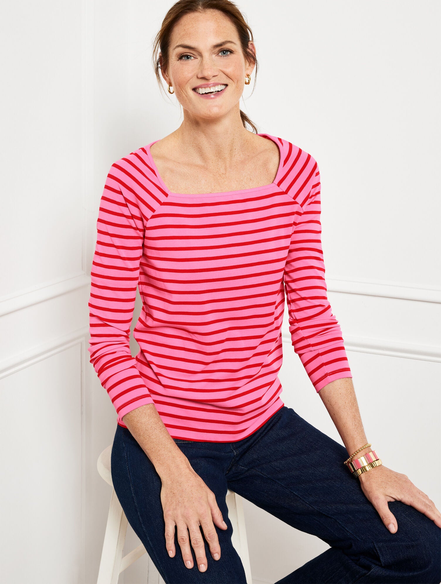 BLACK/IVORY|POPPY PINK/RED PEPPER SQUARE NECK RAGLAN TEE | Talbots online