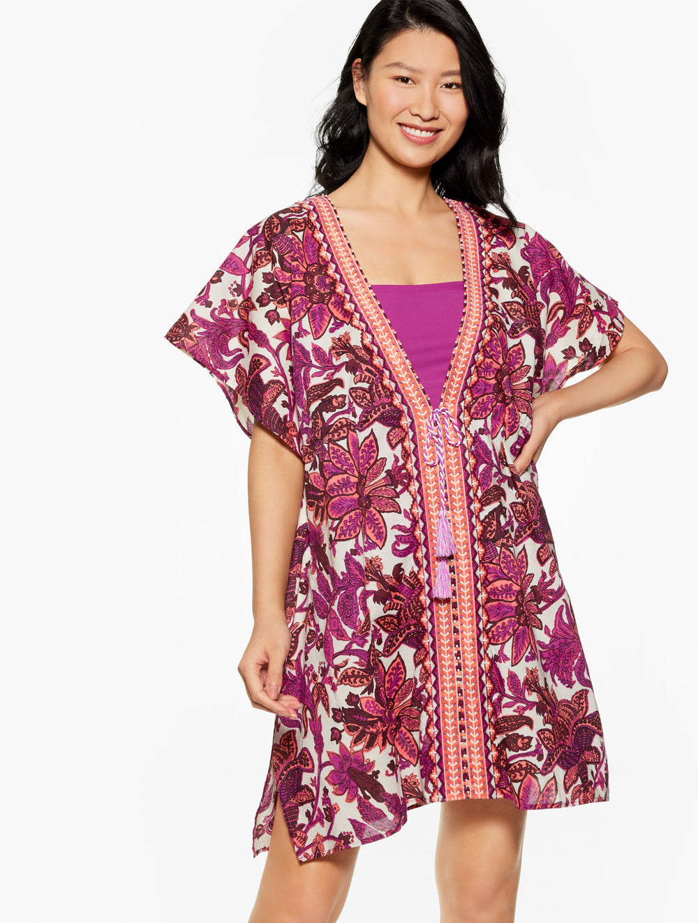 WILD ASTER MULTI AQUA CLUB EMBROIDERED CAFTAN COVER-UP - BALI BLOOMS | Talbots for sale