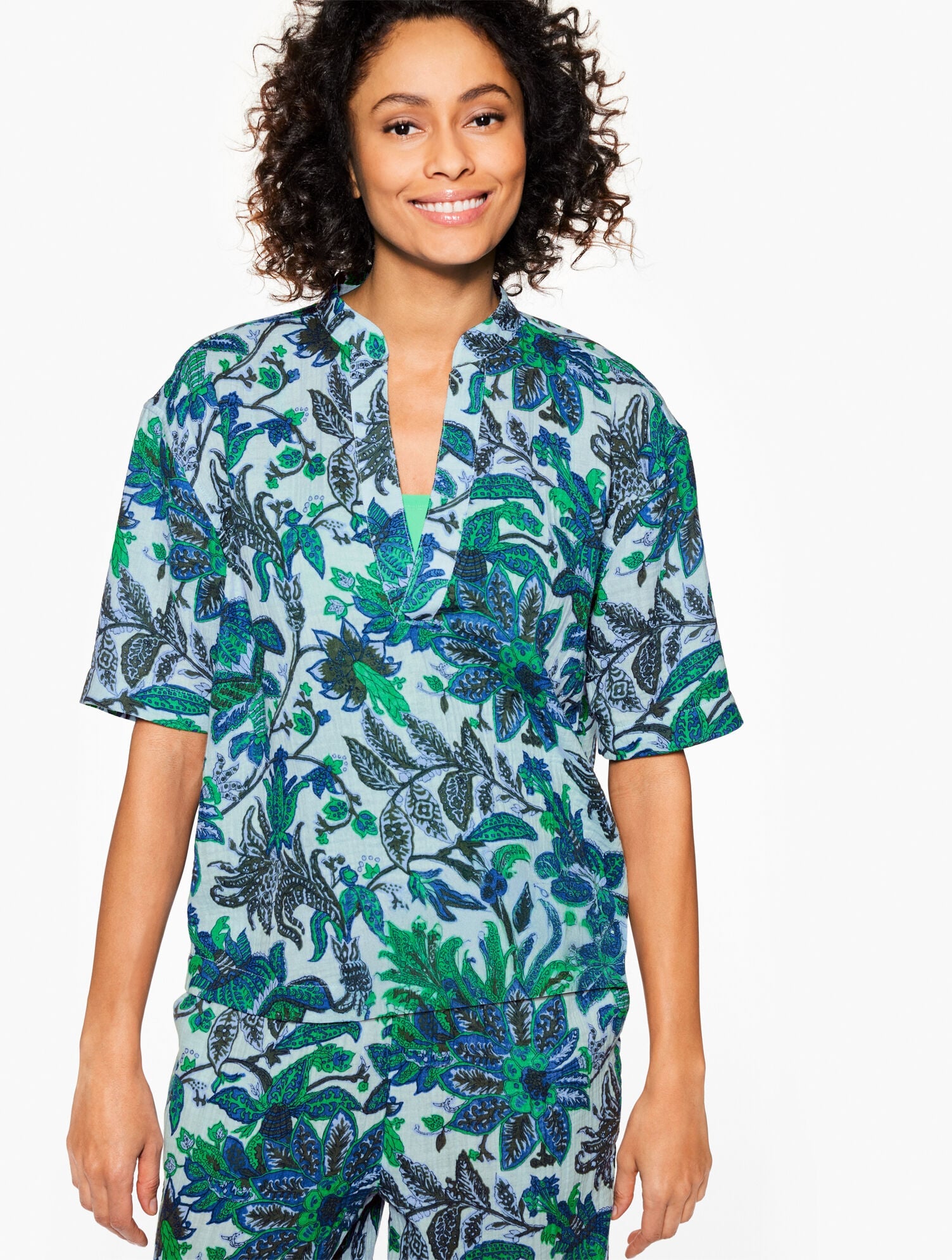 VISTA BLUE MULTI AQUA CLUB GAUZE POPOVER SHIRT COVER-UP - BALI BLOOMS | Talbots online