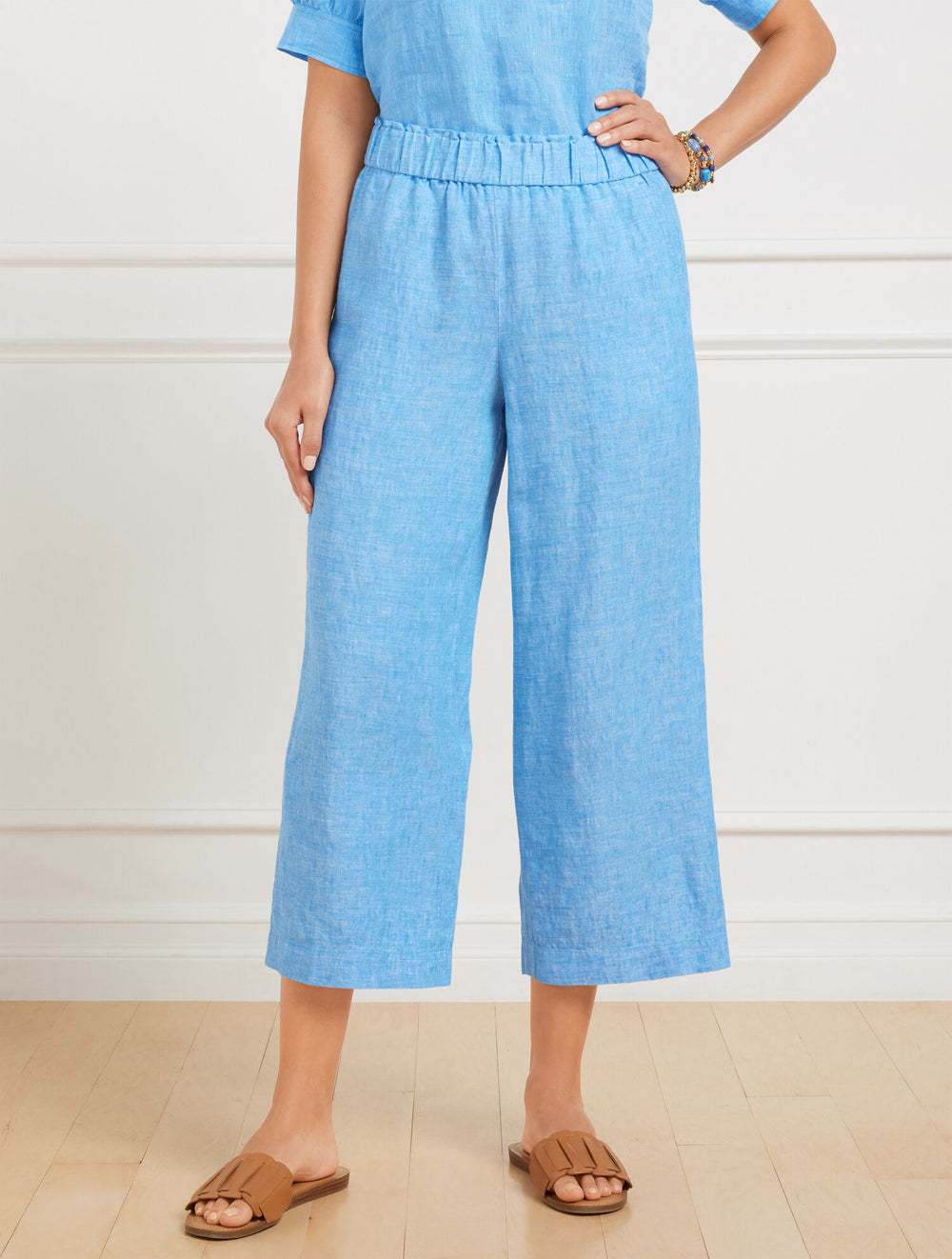 BEIGE/WHITE|BLUE/WHITE WIDE CROP PULL-ON WASHED LINEN PANTS - CROSS DYED | Talbots outlet