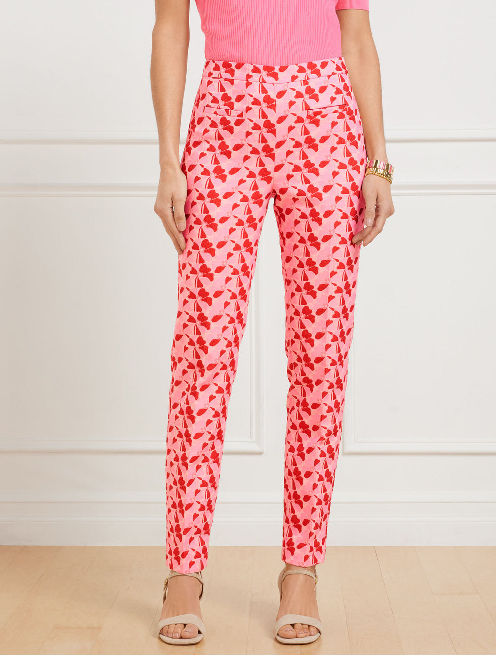IVORY/RED PEPPER TALBOTS CHATHAM SLIM ANKLE PANTS - FLORAL JACQUARD | Talbots online