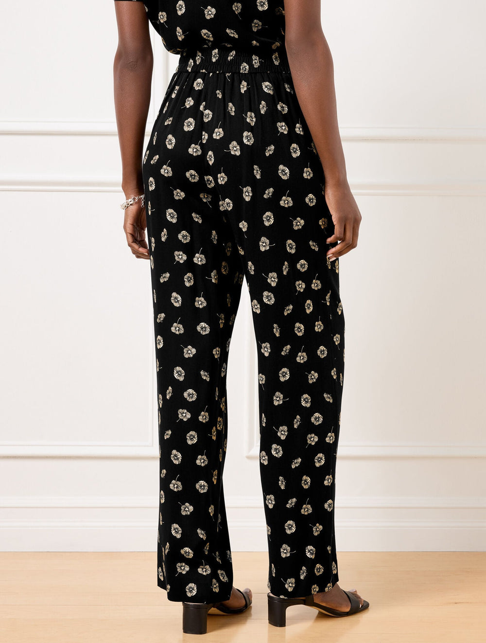BLACK/IVORY WIDE LEG PULL-ON PANTS - DECO FLOWERS | Talbots online