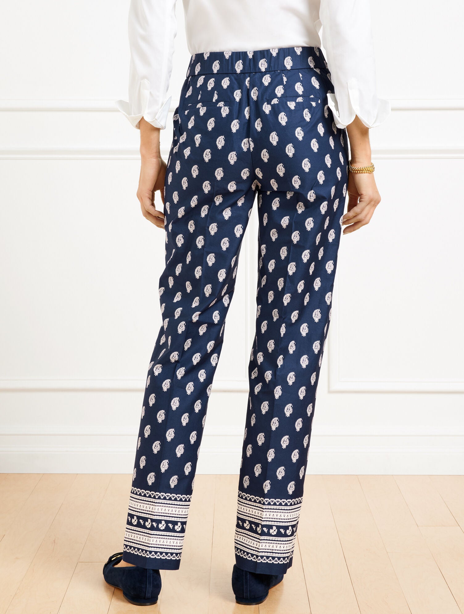 INDIA INK/IVORY STRAIGHT LEG TWILL PANTS - SERENE PAISLEY | Talbots discount