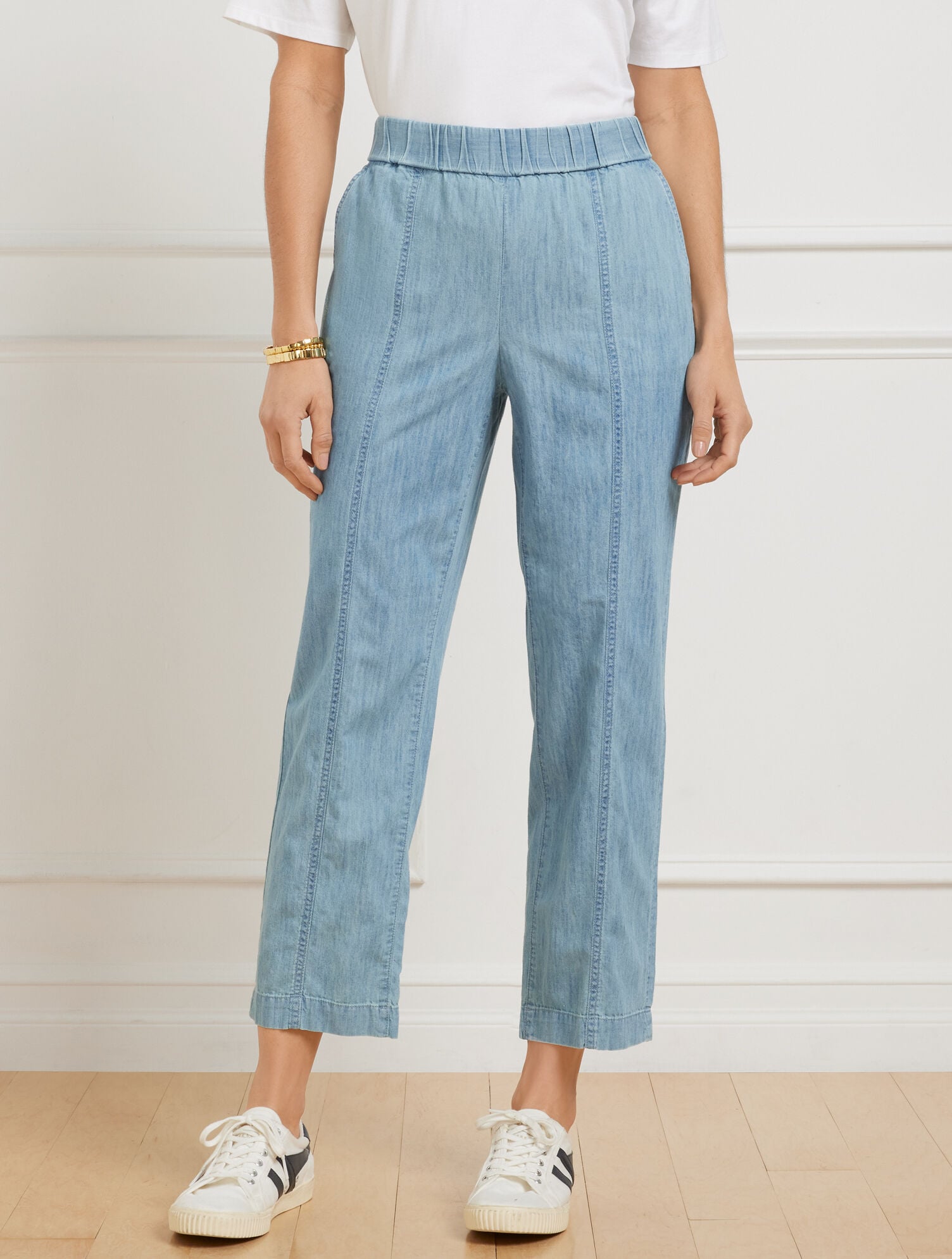BLUE CHAMBRAY SLIM CROP PANTS - CHAMBRAY | Talbots on sale