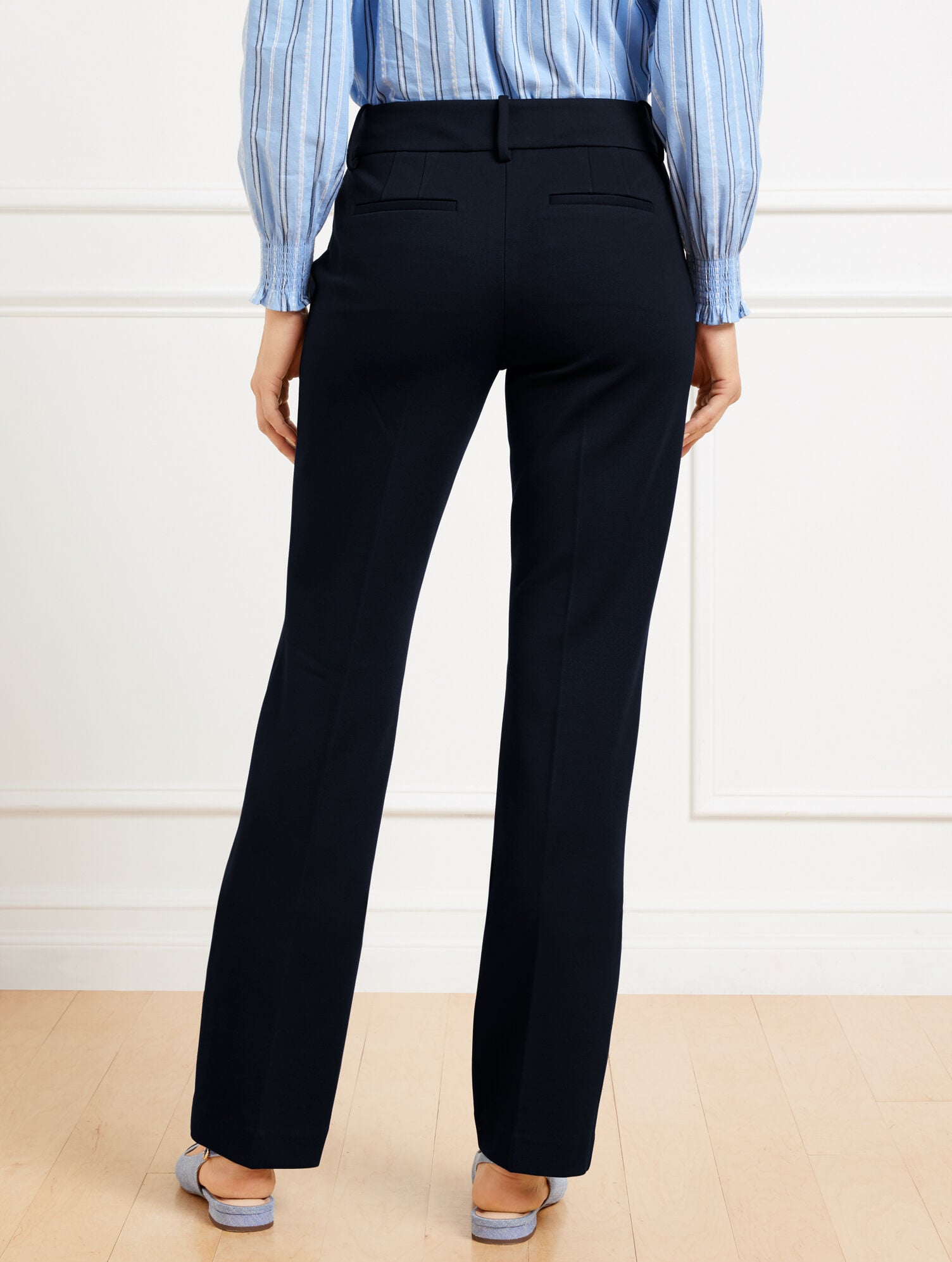 BLACK|INDIGO BLUE STRAIGHT LEG PONTE TROUSERS | Talbots sale