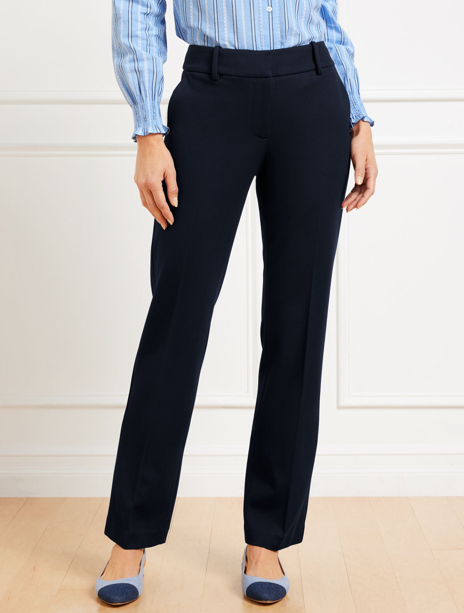 BLACK|INDIGO BLUE STRAIGHT LEG PONTE TROUSERS | Talbots sale
