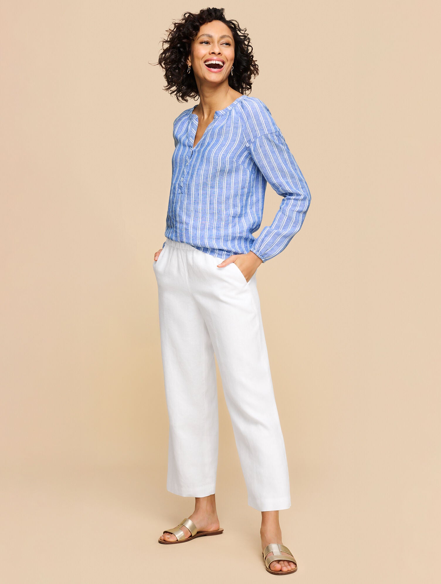 CAMELLIA ROSE WIDE CROP PULL-ON WASHED LINEN PANTS | Talbots sale