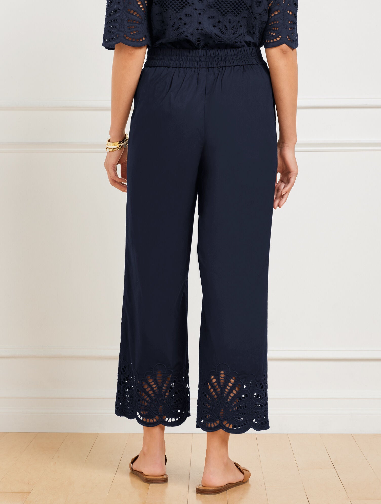 INDIGO BLUE WIDE CROP PULL-ON FRESH POPLIN PANTS - EYELET HEM | Talbots online
