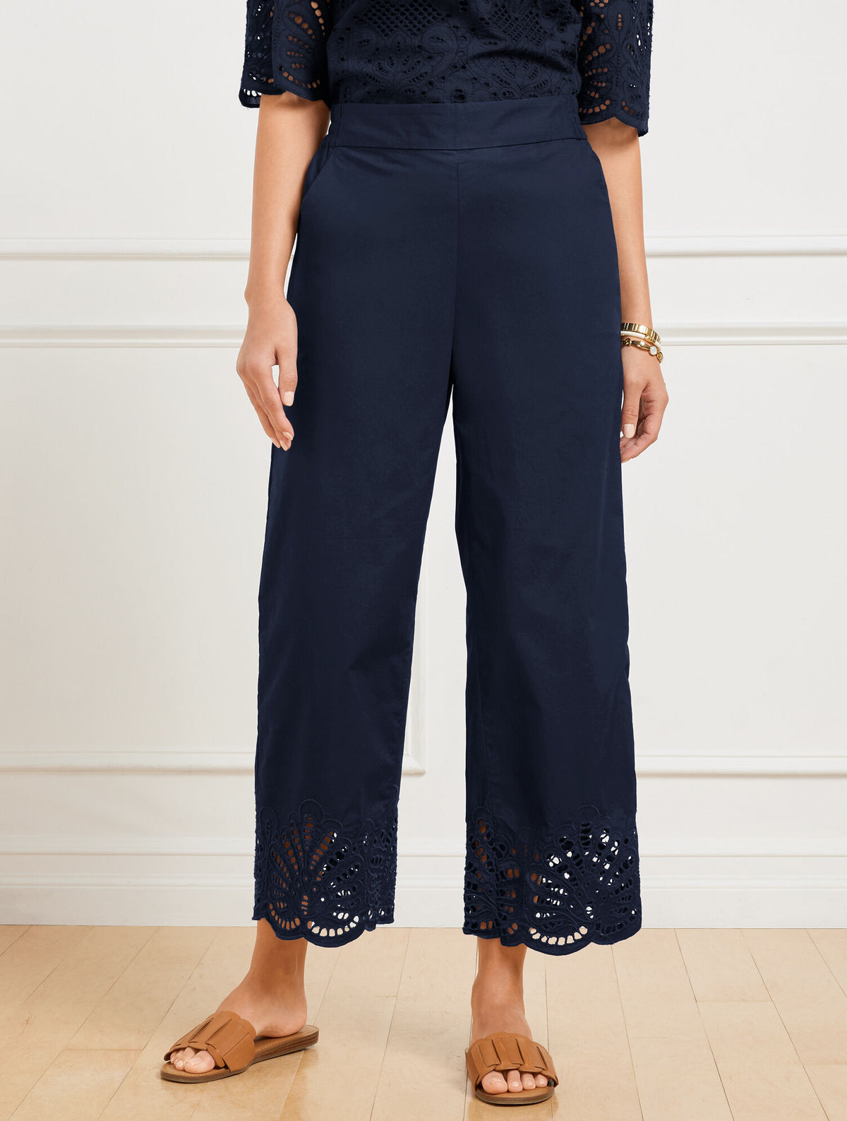 INDIGO BLUE WIDE CROP PULL-ON FRESH POPLIN PANTS - EYELET HEM | Talbots online