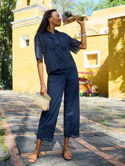INDIGO BLUE WIDE CROP PULL-ON FRESH POPLIN PANTS - EYELET HEM | Talbots online