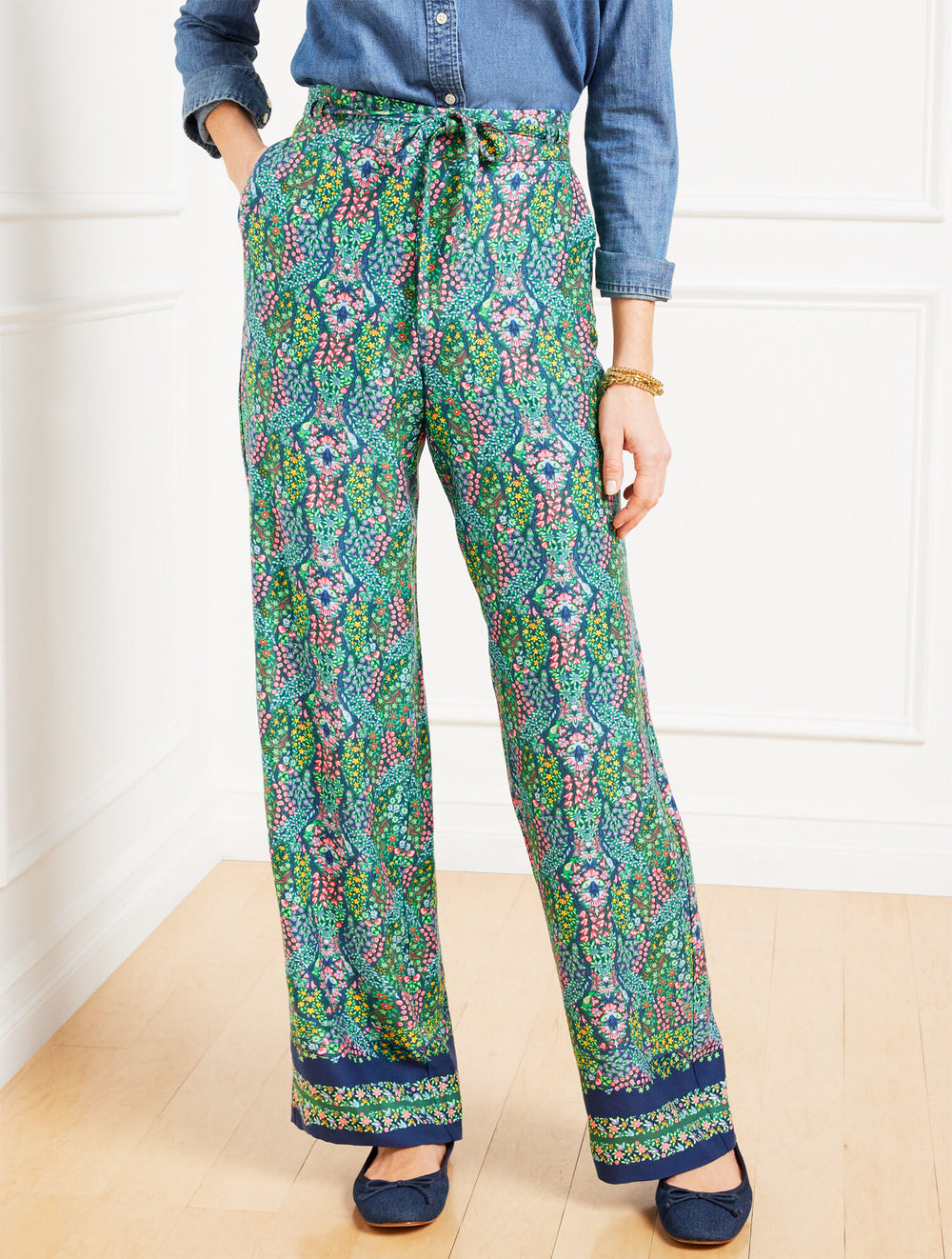 HERITAGE GREEN MULTI WIDE LEG PULL-ON PANTS - BRANCHING FLORAL | Talbots discount
