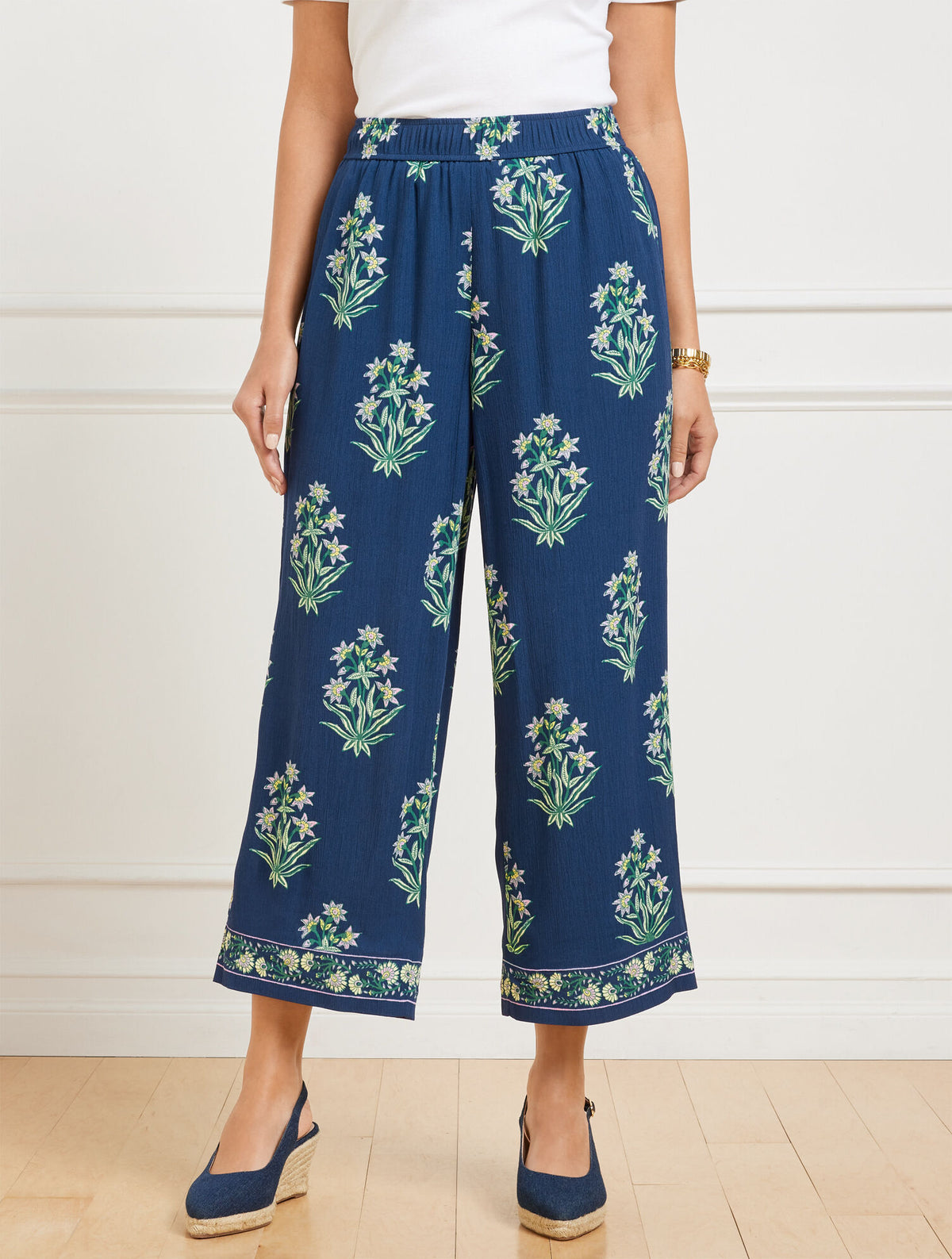 INDIA INK MULTI WIDE CROP PULL-ON PANTS - LEAFY FLORAL | Talbots discount