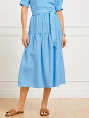 LAKESIDE BLUE/WHITE DROP WAIST LINEN MIDI SKIRT - CROSS DYED | Talbots for sale