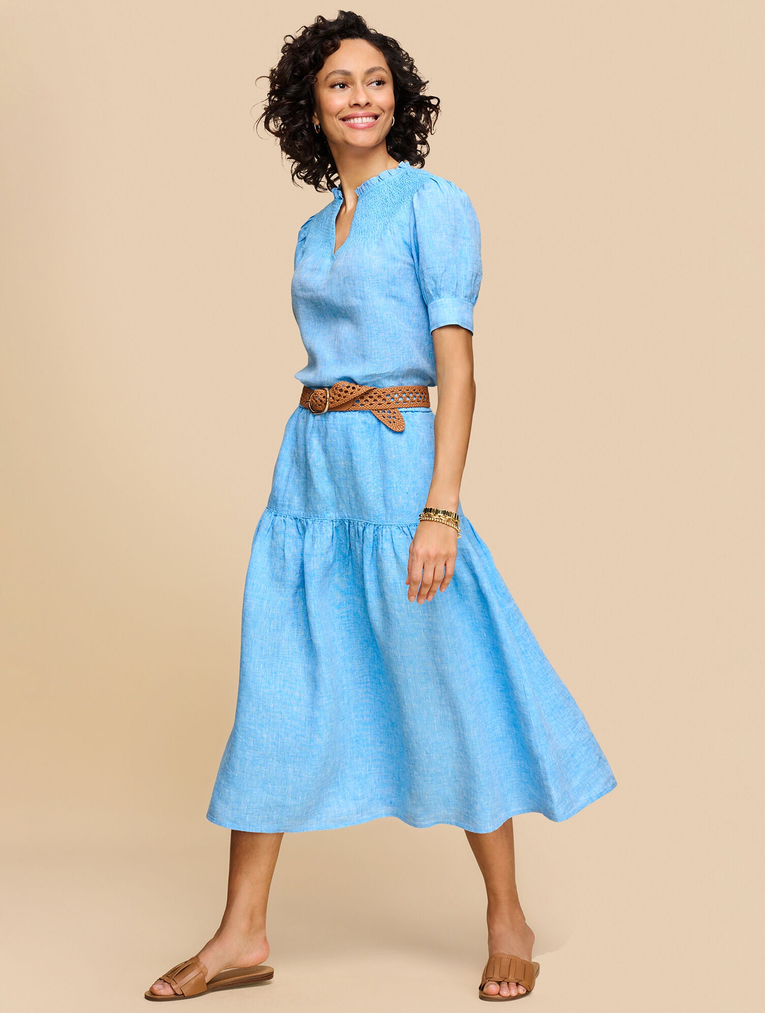 LAKESIDE BLUE/WHITE DROP WAIST LINEN MIDI SKIRT - CROSS DYED | Talbots for sale