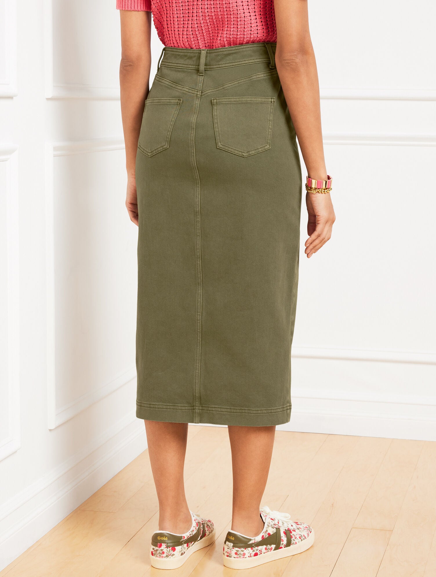BURNT OLIVE DENIM MIDI SKIRT | Talbots US