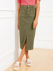 BURNT OLIVE DENIM MIDI SKIRT | Talbots US