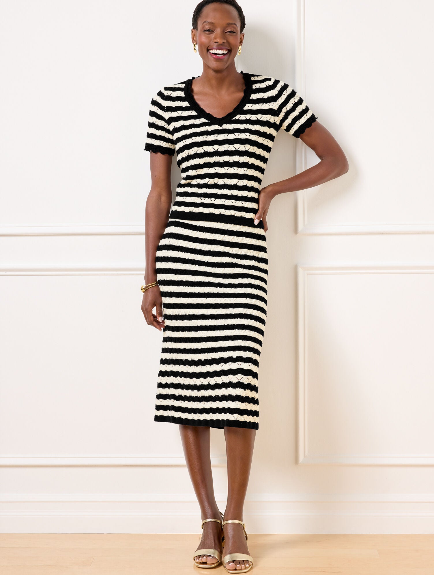 IVORY/BLACK POINTELLE STRIPE SWEATER SKIRT | Talbots discount