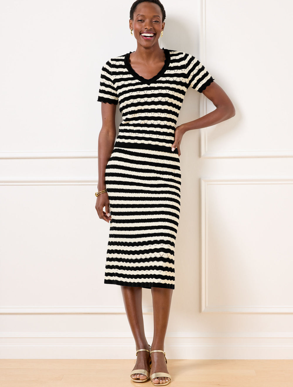 IVORY/BLACK POINTELLE STRIPE SWEATER SKIRT | Talbots discount