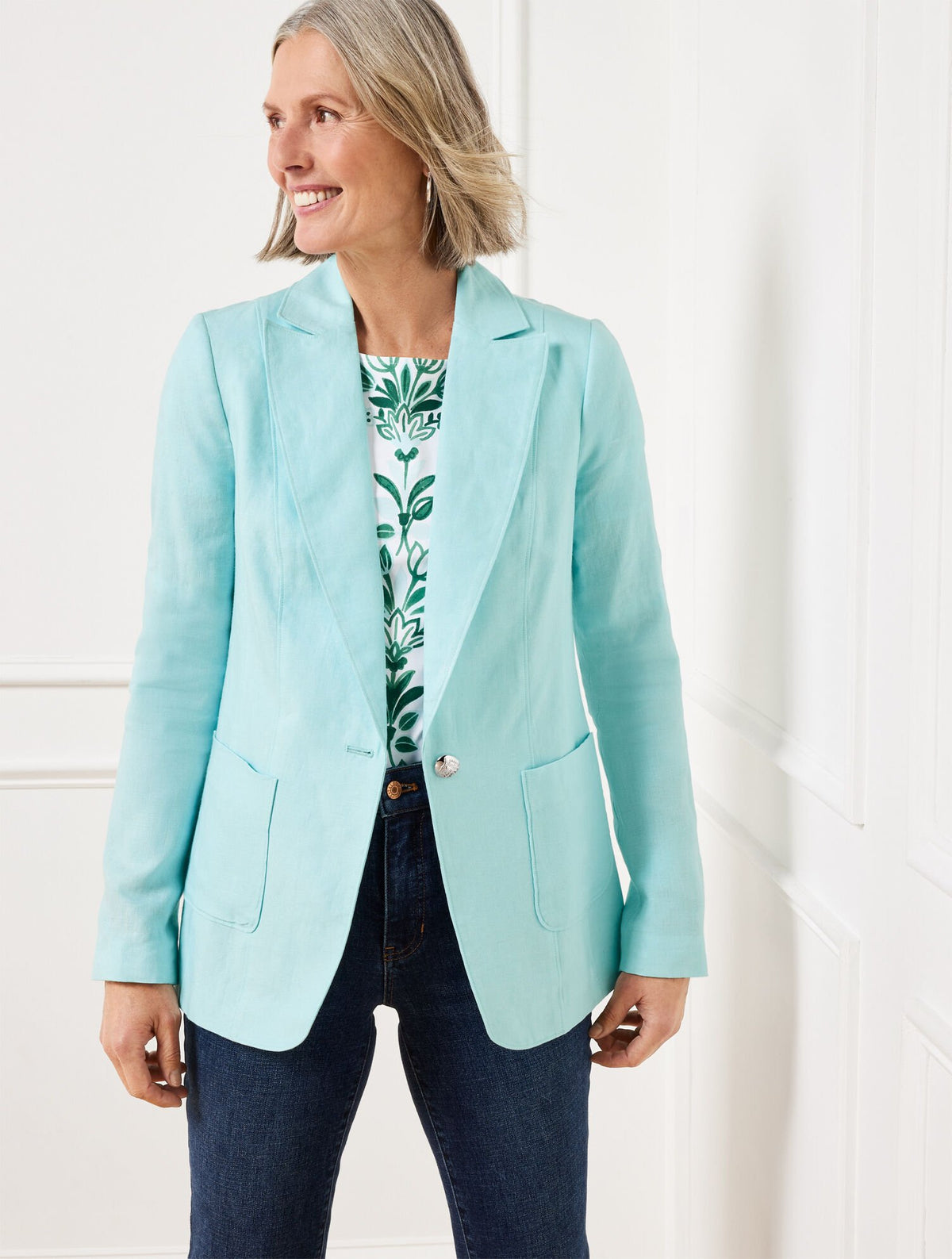 BLUE ICE|HERITAGE GREEN TAILORED SEAMING LINEN BLAZER | Talbots online