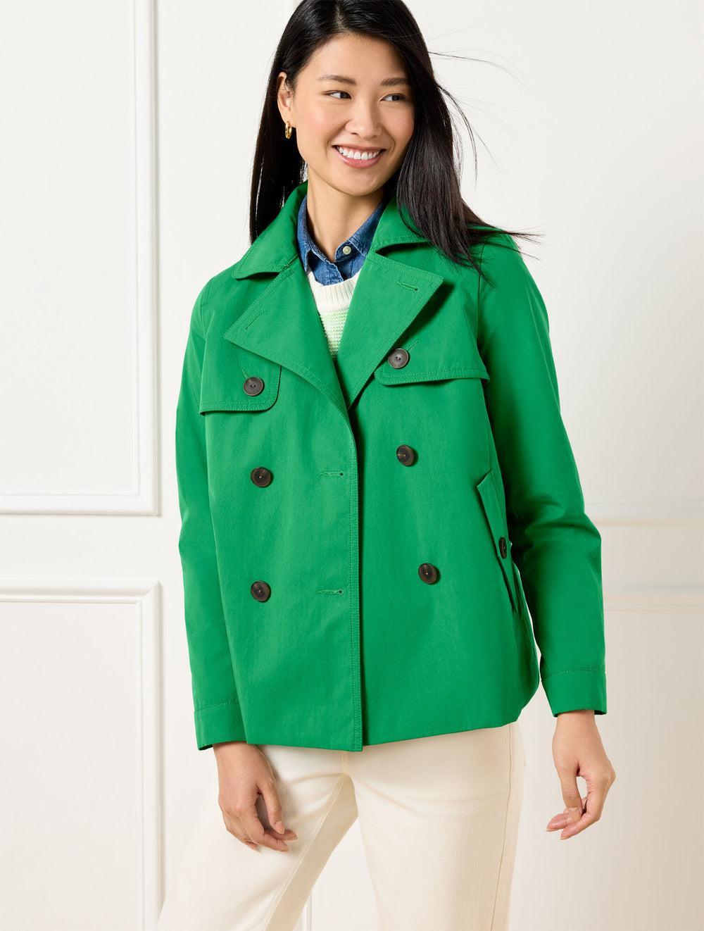 DERRY GREEN TWILL SHORT TRENCH COAT | Talbots discount
