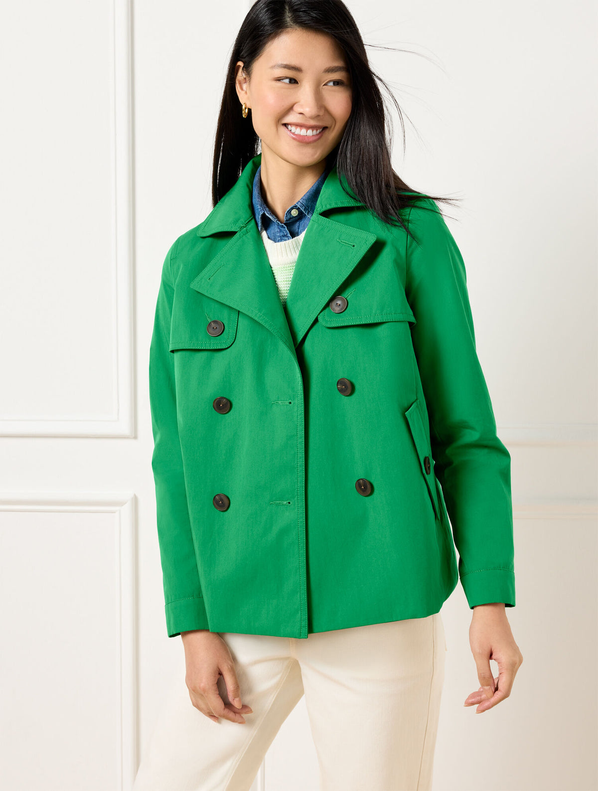 DERRY GREEN TWILL SHORT TRENCH COAT | Talbots discount