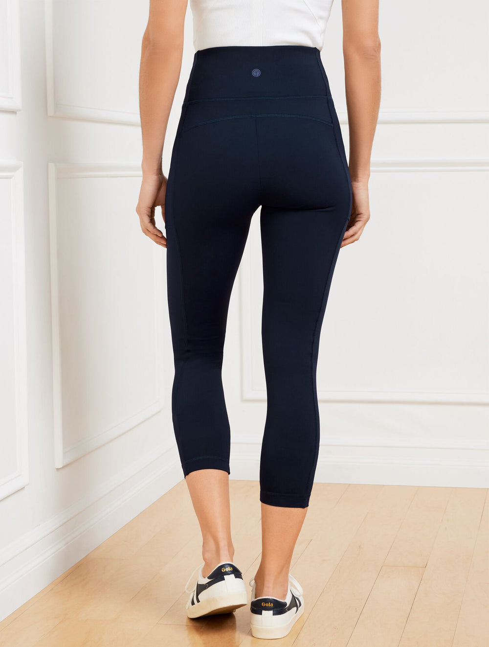 BLACK|INDIGO BLUE PERFORMANCE INTERLOCK CAPRI LEGGINGS | Talbots US