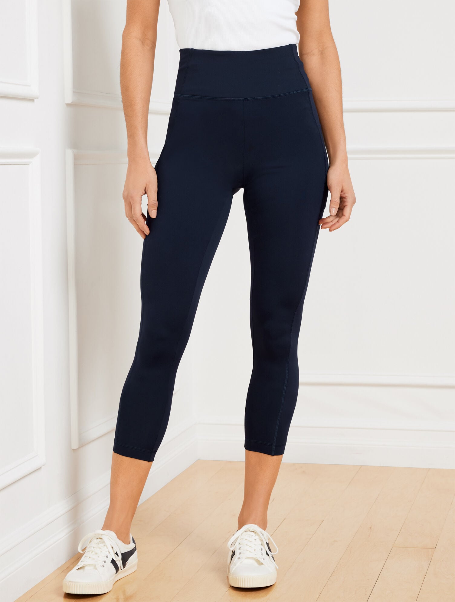 BLACK|INDIGO BLUE PERFORMANCE INTERLOCK CAPRI LEGGINGS | Talbots US
