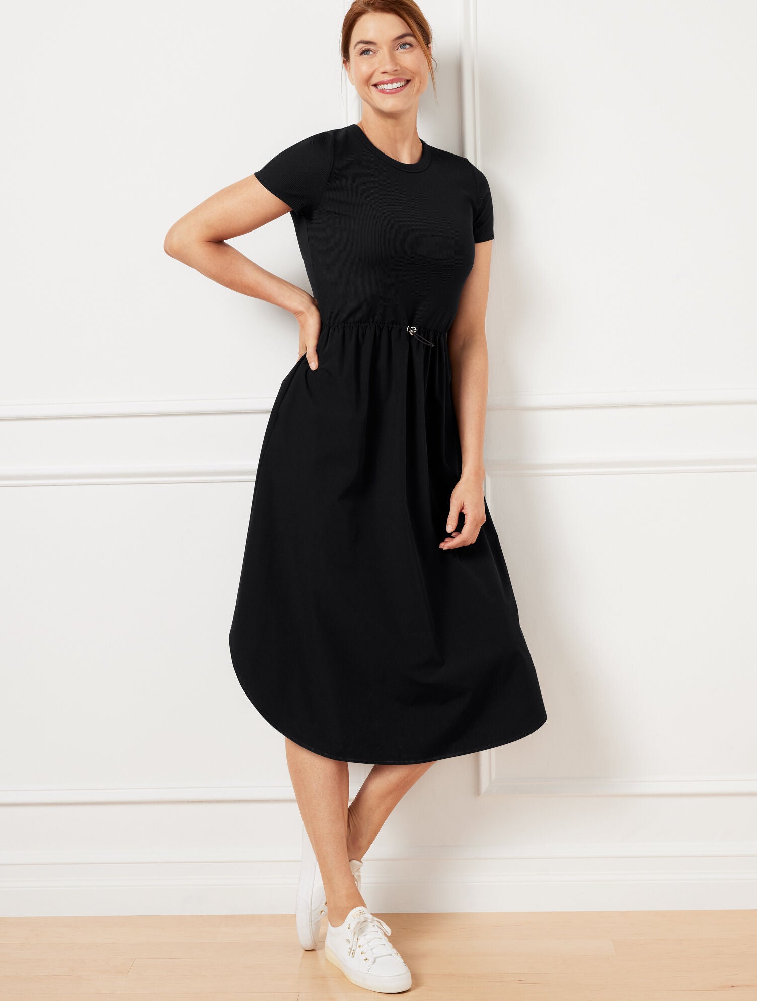 BLACK MIXED MEDIA SHORT SLEEVE DRESS | Talbots on sale