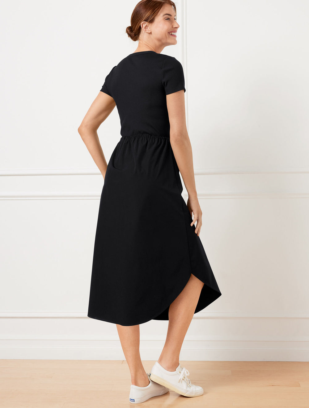 BLACK MIXED MEDIA SHORT SLEEVE DRESS | Talbots on sale