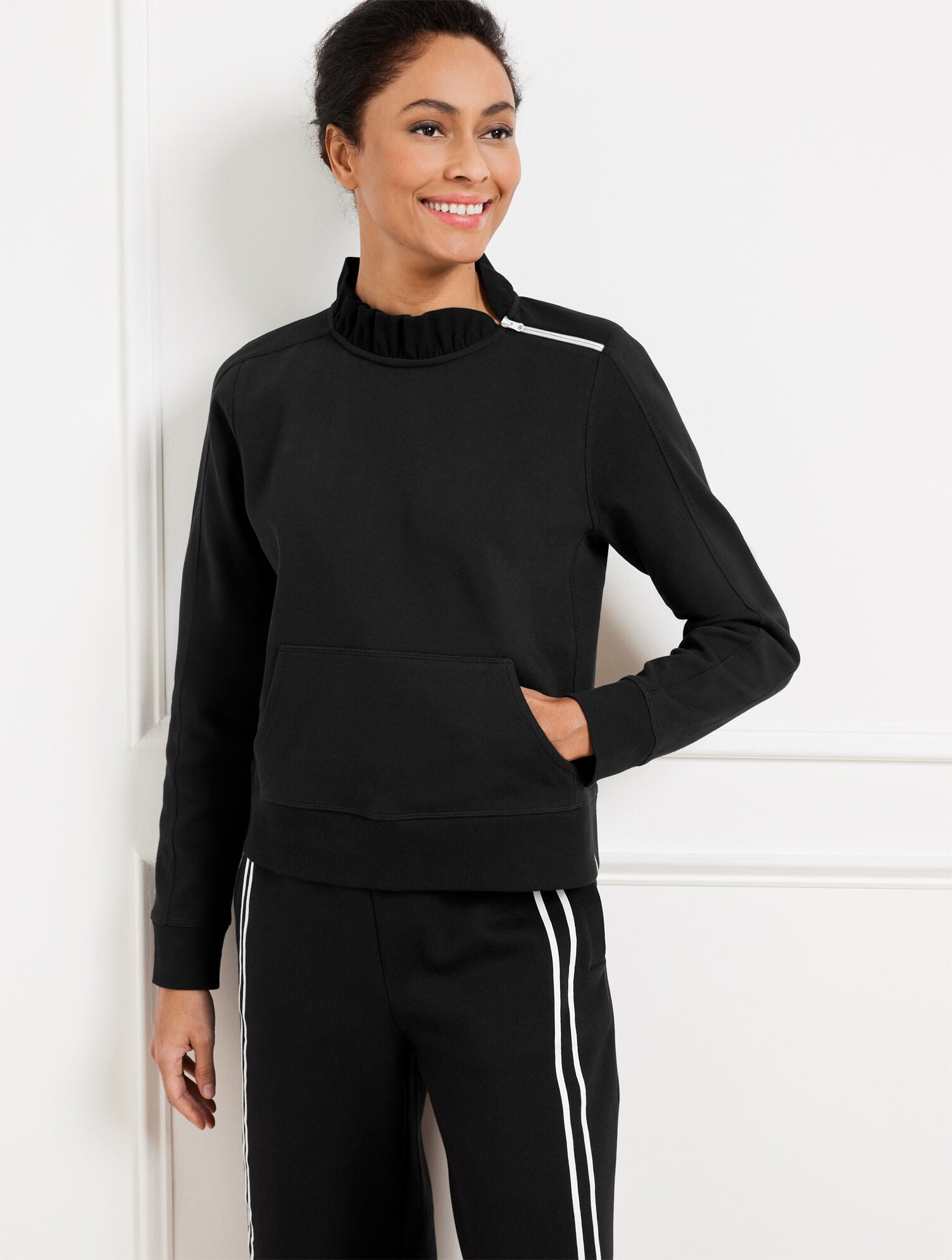BLACK PIQUÉ ZIP SHOULDER PULLOVER | Talbots for sale