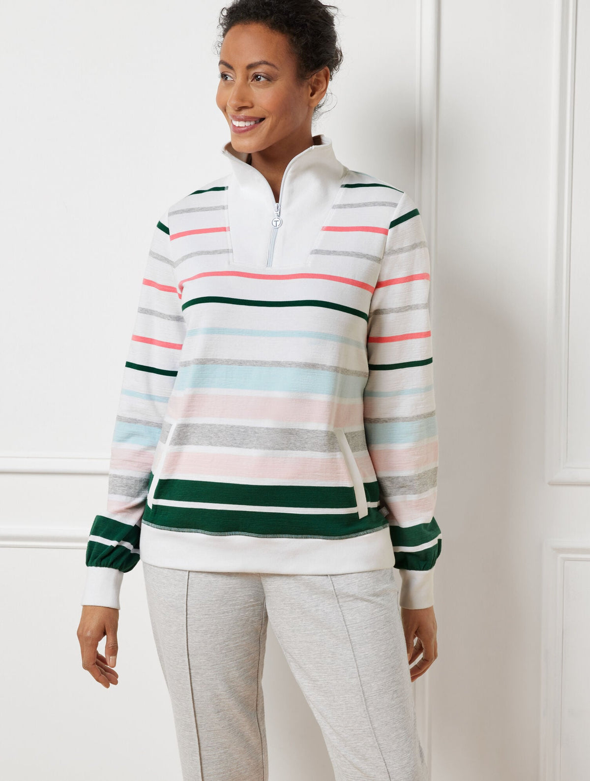 WHITE MULTI COZY CRUSH HALF-ZIP PULLOVER - BUDDING STRIPE | Talbots online