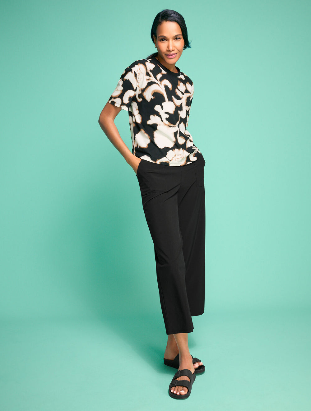 BLACK|INDIGO BLUE|OAT LIGHTWEIGHT WOVEN STRETCH WIDE LEG ANKLE PANTS | Talbots sale