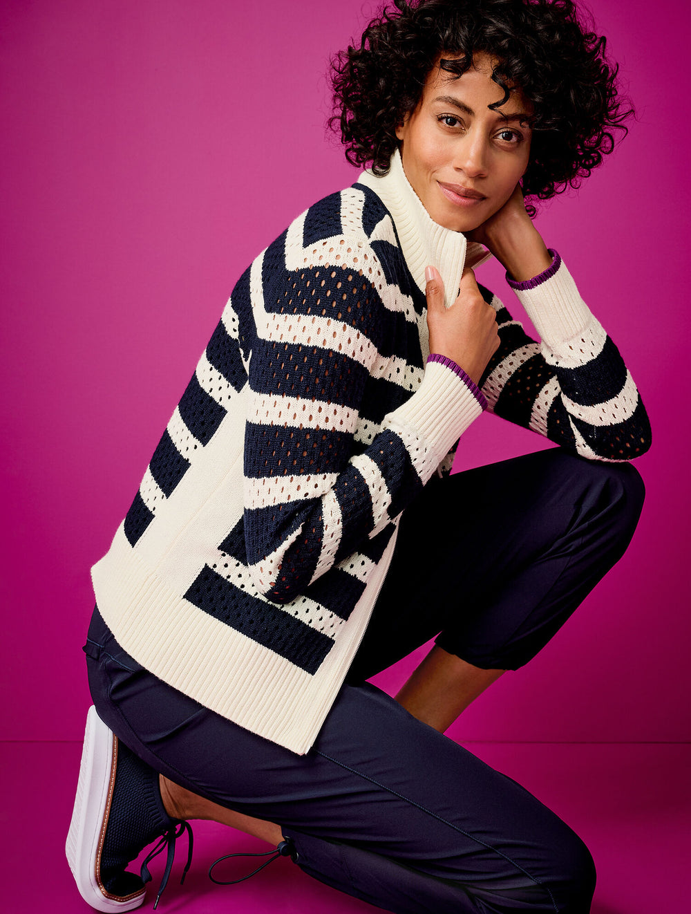 INDIGO/IVORY COOLMAX® FULL ZIP SWEATER JACKET - STRIPE | Talbots US