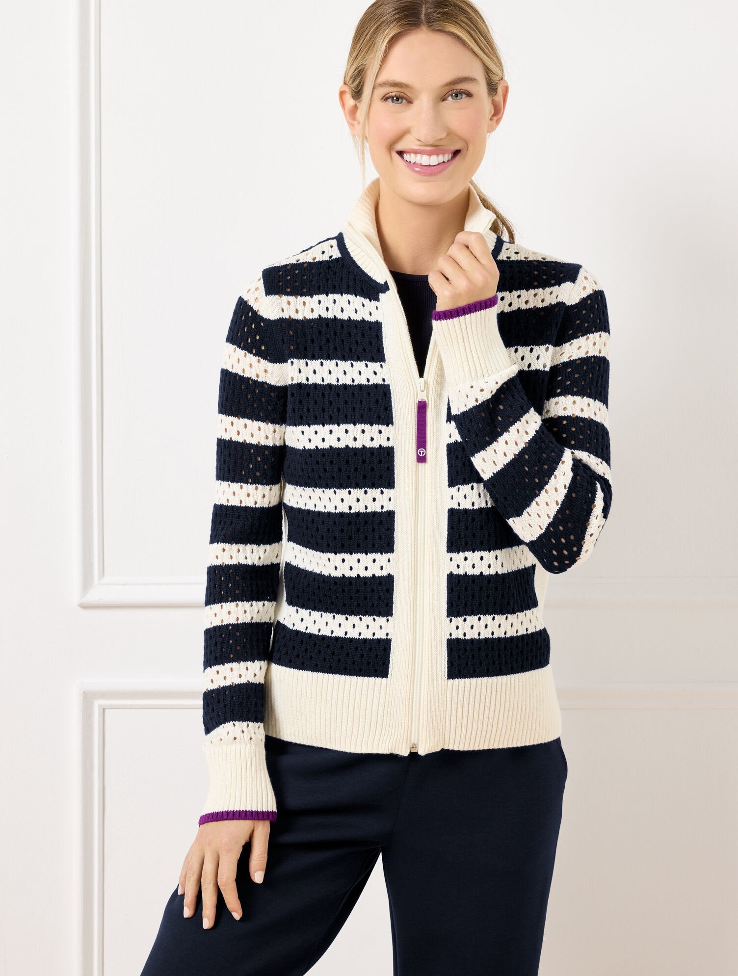 INDIGO/IVORY COOLMAX® FULL ZIP SWEATER JACKET - STRIPE | Talbots US