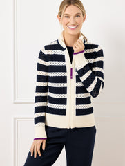INDIGO/IVORY COOLMAX® FULL ZIP SWEATER JACKET - STRIPE | Talbots US