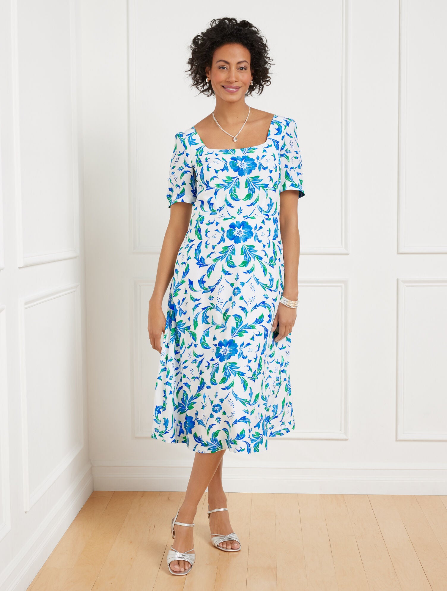 WHITE/LAKESIDE BLUE FIT & FLARE DRESS - BEAUTIFUL SCROLL | Talbots outlet