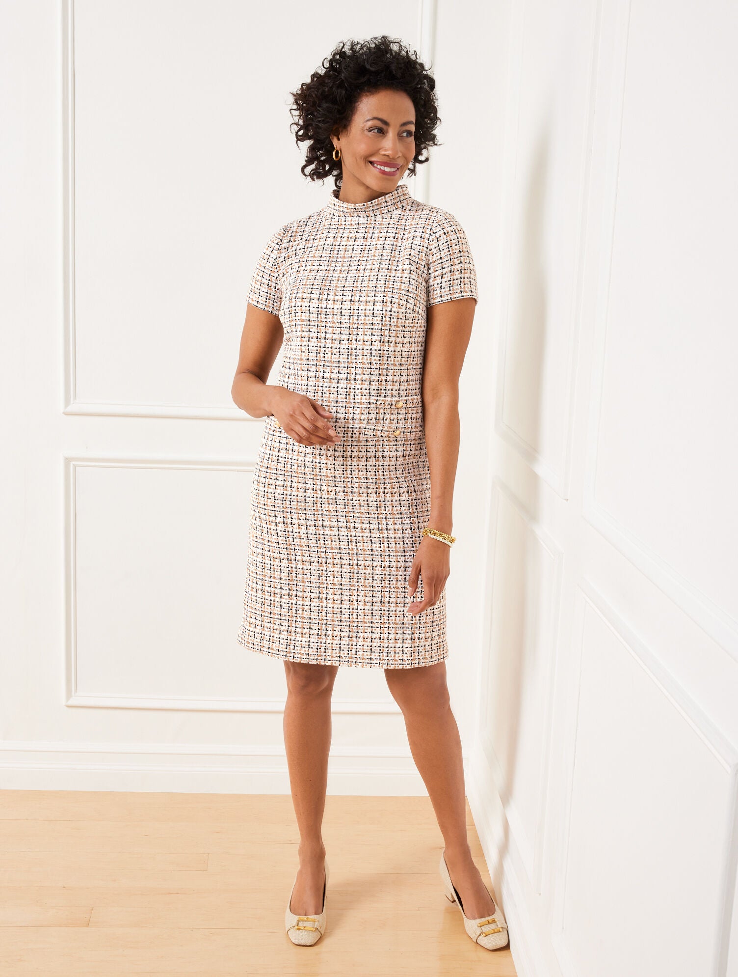 WHITE/CAFE TWEED MOCKNECK DRESS | Talbots outlet