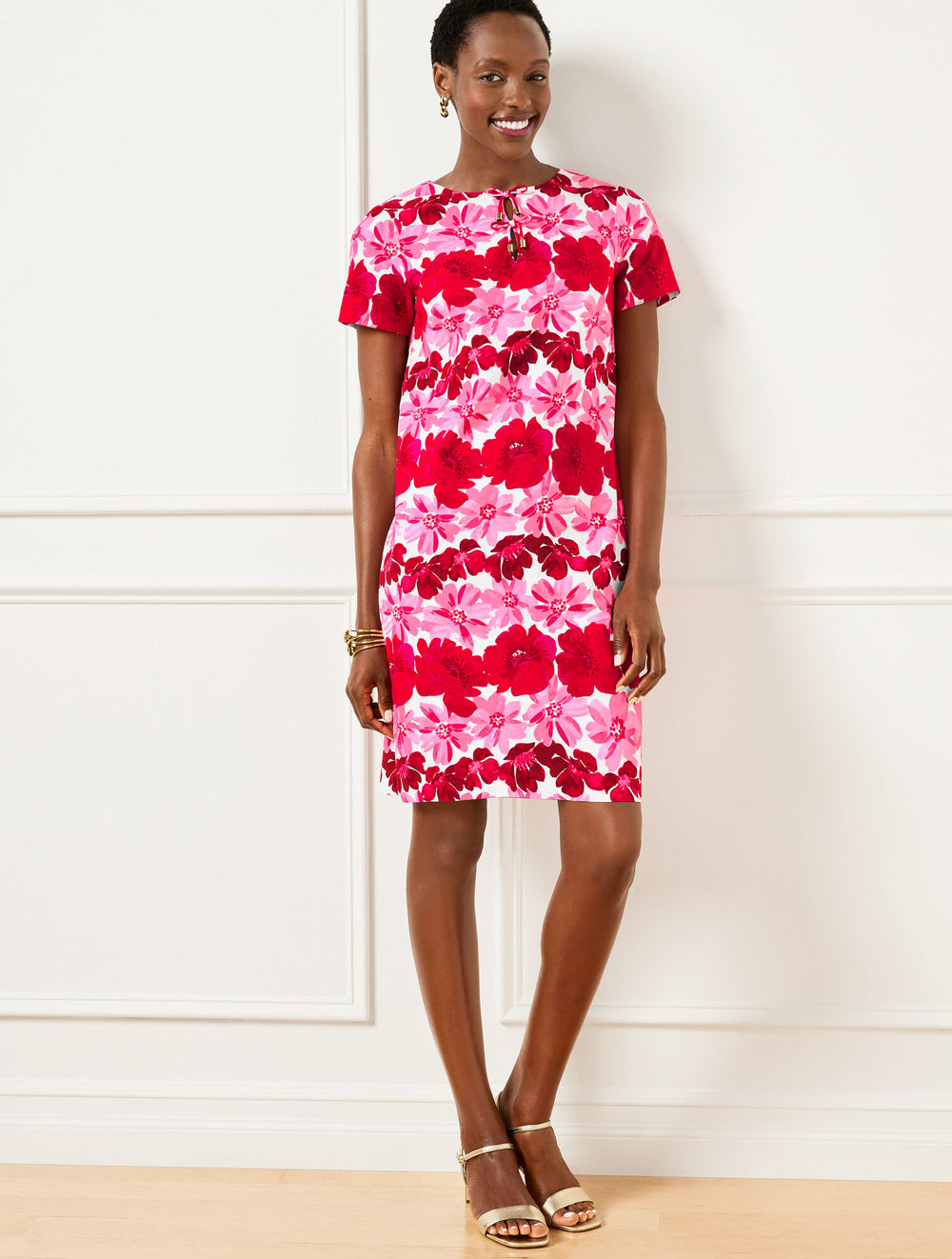 SOFT PINK MULTI BOW A-LINE CREPE DRESS - WATERCOLOR BOUQUETS | Talbots US