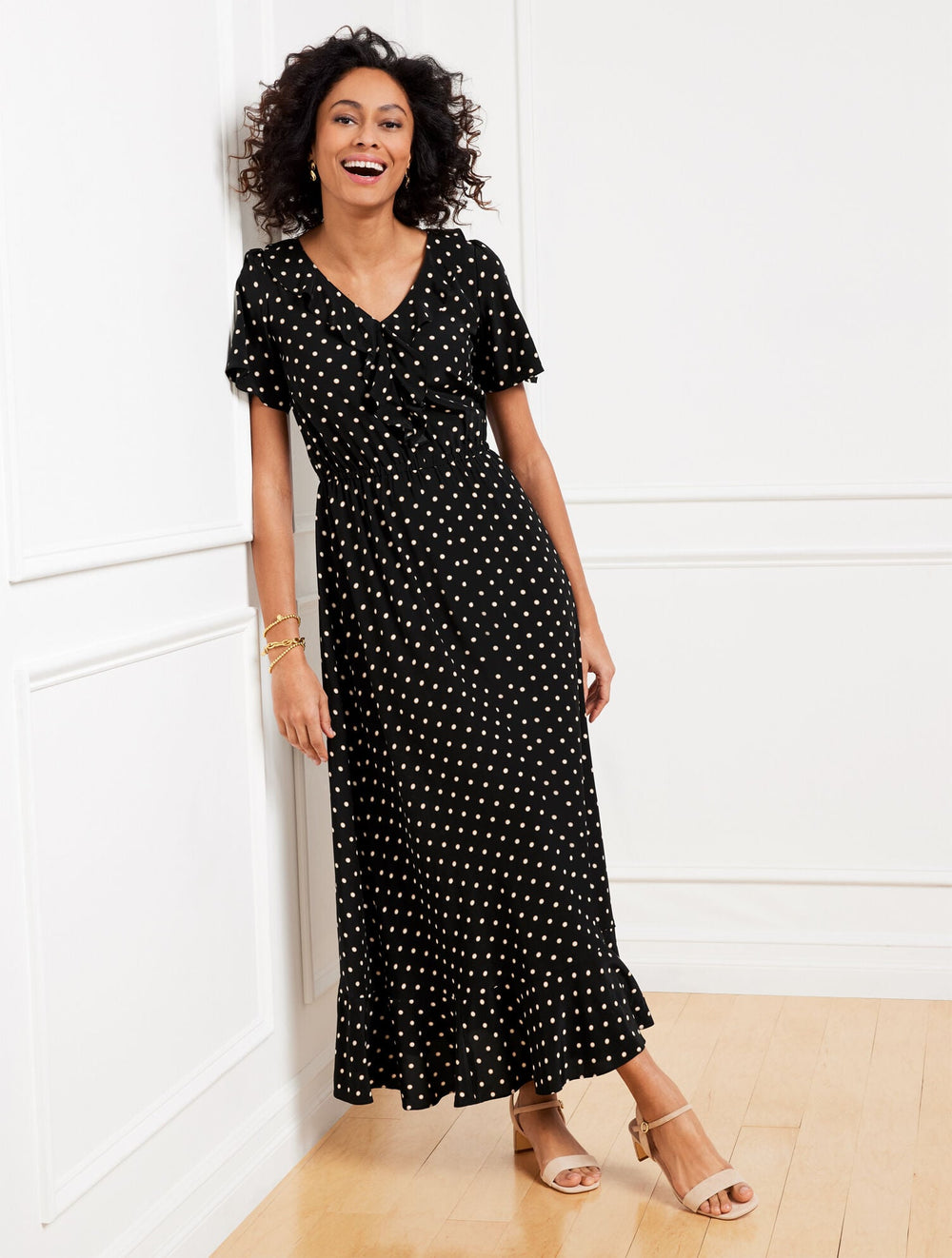 BLACK MULTI RUFFLE NECK FIT & FLARE DRESS - DAISY DOT | Talbots online