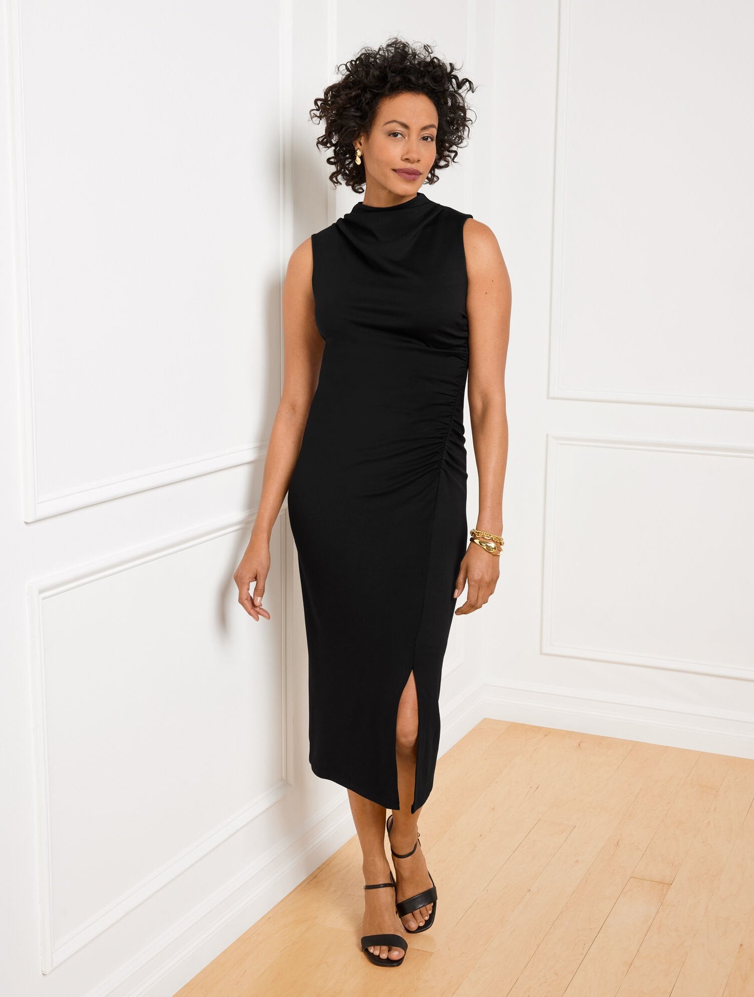 BLACK GATHERED COWL-NECK PONTE MIDI DRESS | Talbots discount