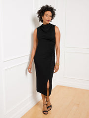 BLACK GATHERED COWL-NECK PONTE MIDI DRESS | Talbots discount
