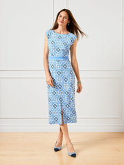 LAKESIDE BLUE/IVORY EFFORTLESS JERSEY MIDI DRESS - ALLURE MEDALLION | Talbots on sale