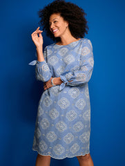 BLUE TIE SLEEVE EYELET CHAMBRAY DRESS | Talbots on sale