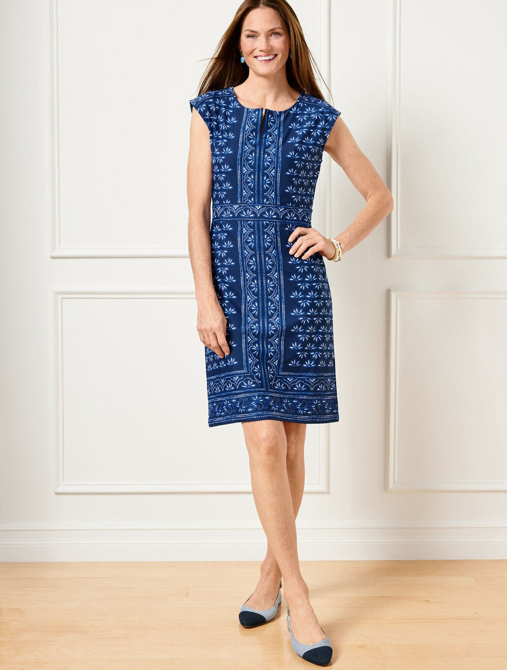 INDIA INK/WHITE EFFORTLESS JERSEY BATIK SHIFT DRESS | Talbots outlet