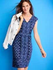 INDIA INK/WHITE EFFORTLESS JERSEY BATIK SHIFT DRESS | Talbots outlet
