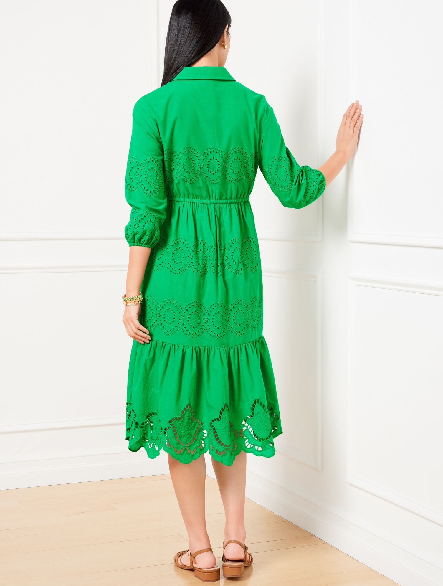 BRIGHT GREEN EYELET PUFF SLEEVE POPLIN SHIRTDRESS | Talbots discount