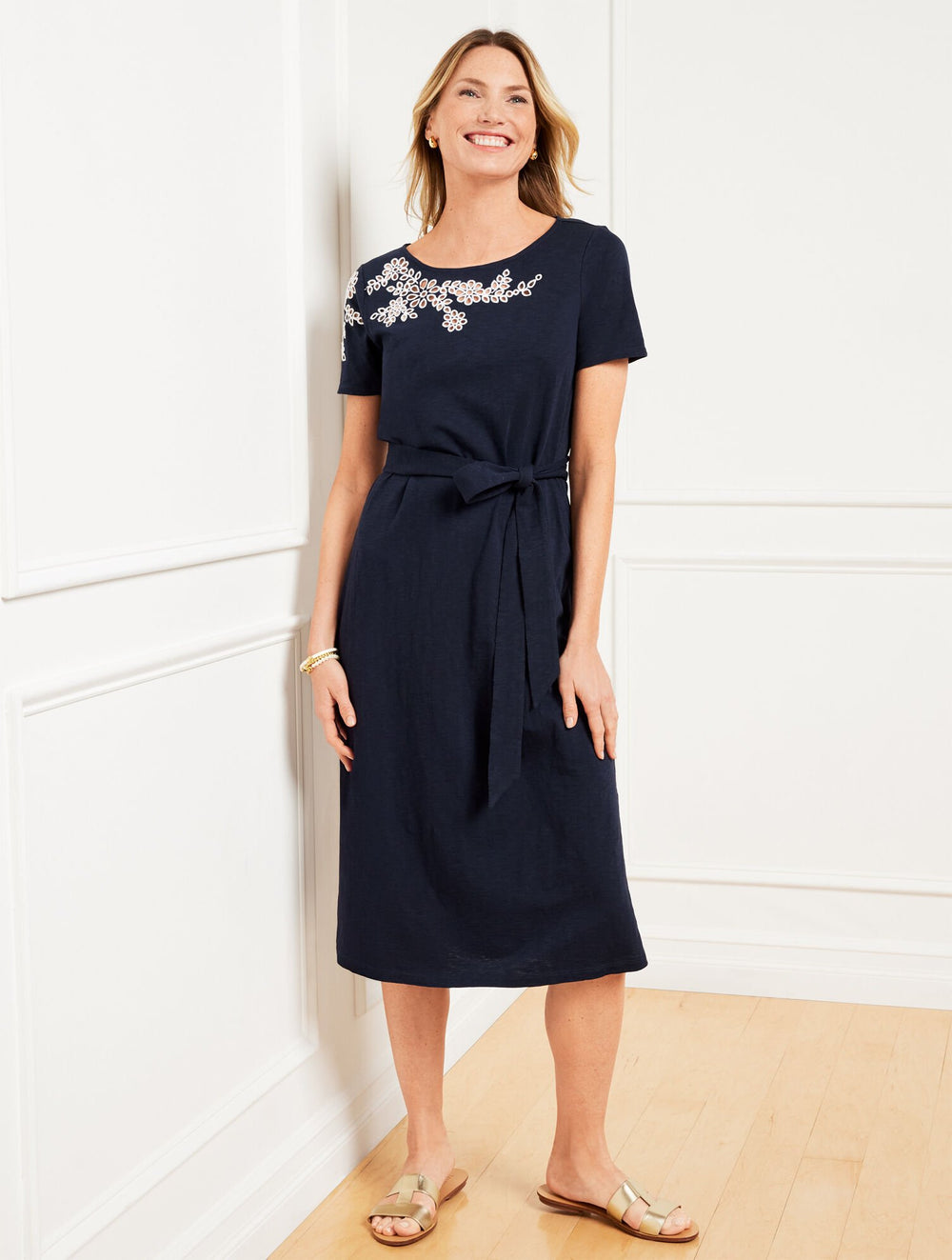 INDIGO BLUE EMBROIDERED NANTUCKET SLUB MIDI DRESS | Talbots for sale